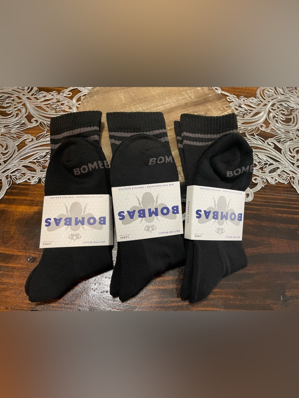 3 PAIR Bombas  Black Crew Socks - LARGE